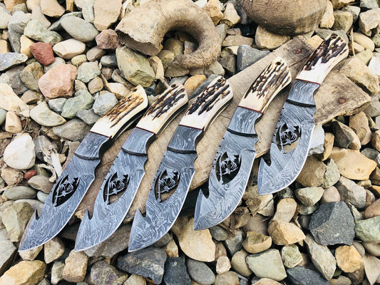 Deer Knives – 10" Wire-Cut Damascus Steel Blade with Antler Horn Handle & Leather Sheath