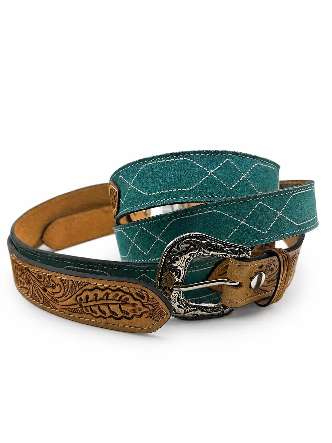 Western Stitch Genuine Suede & Hand Tooled Leather Belt -Turquoise