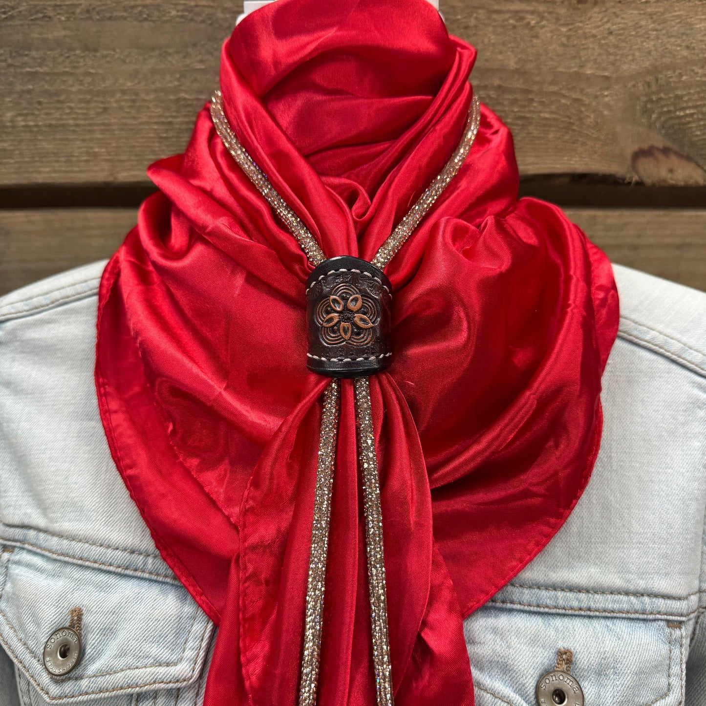 35X35" Solid Electric Red Wild Rag / Scarf - Leather Slide and Bolo Tie