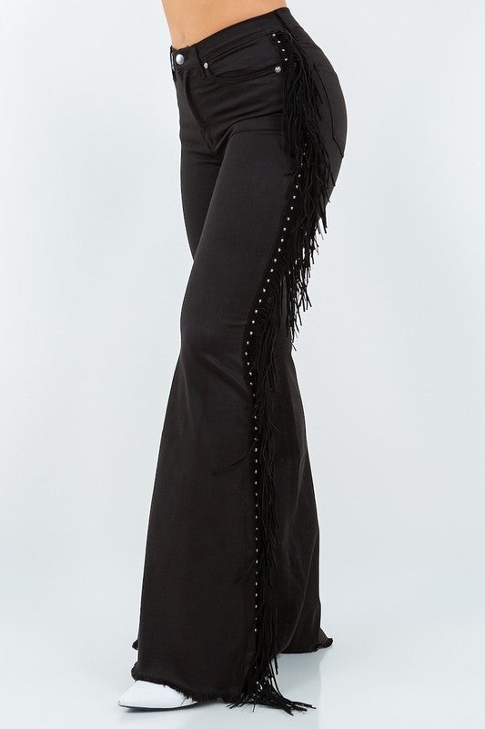 High Rise Bell Bottom Jeans Featuring Tassel Detailing Pockets Inseam Thirty Inches