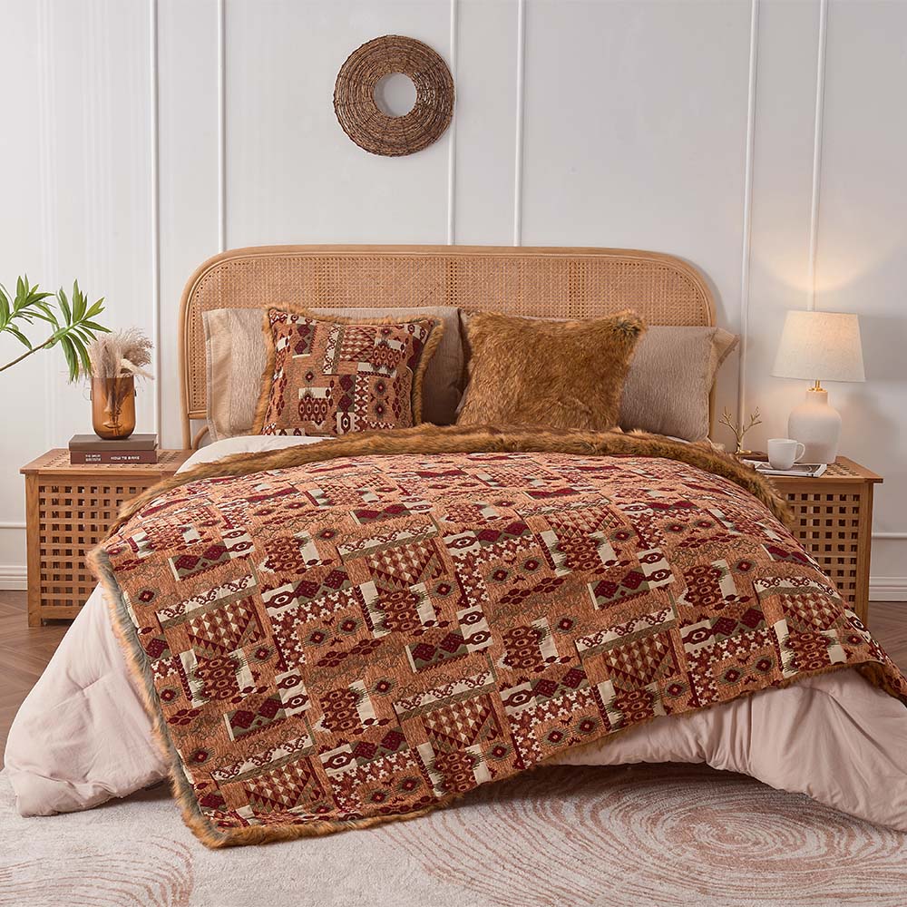 Kilim Chenille Faux Fur Blanket - Orange