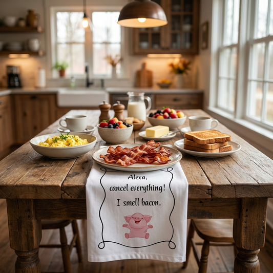 Funny kitchen tea towel for Bacon Lovers "Alexa, cancel everything! I smell bacon" housewarming gift, bachelor, white elephant, birthday gift
