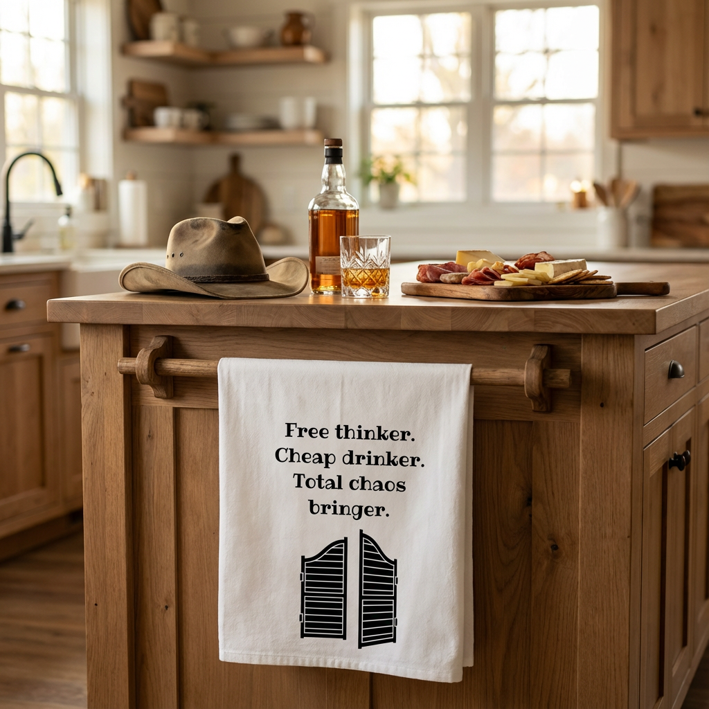 "Free Thinker, Cheap Drinker. Total chaos bringer." Dish Towel. Western Kitchen and Bar Decor, housewarming gift, funny party decor