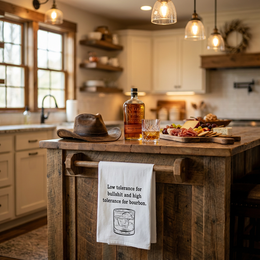 Funny boozy Cotton Tea Towels with Bourbon Quote "Low tolerance for Bullshit and high tolerance for Bourbon", Fun Kitchen Decor, Housewarming Gift, Unique Bar Accessories, Perfect for Parties, [...]