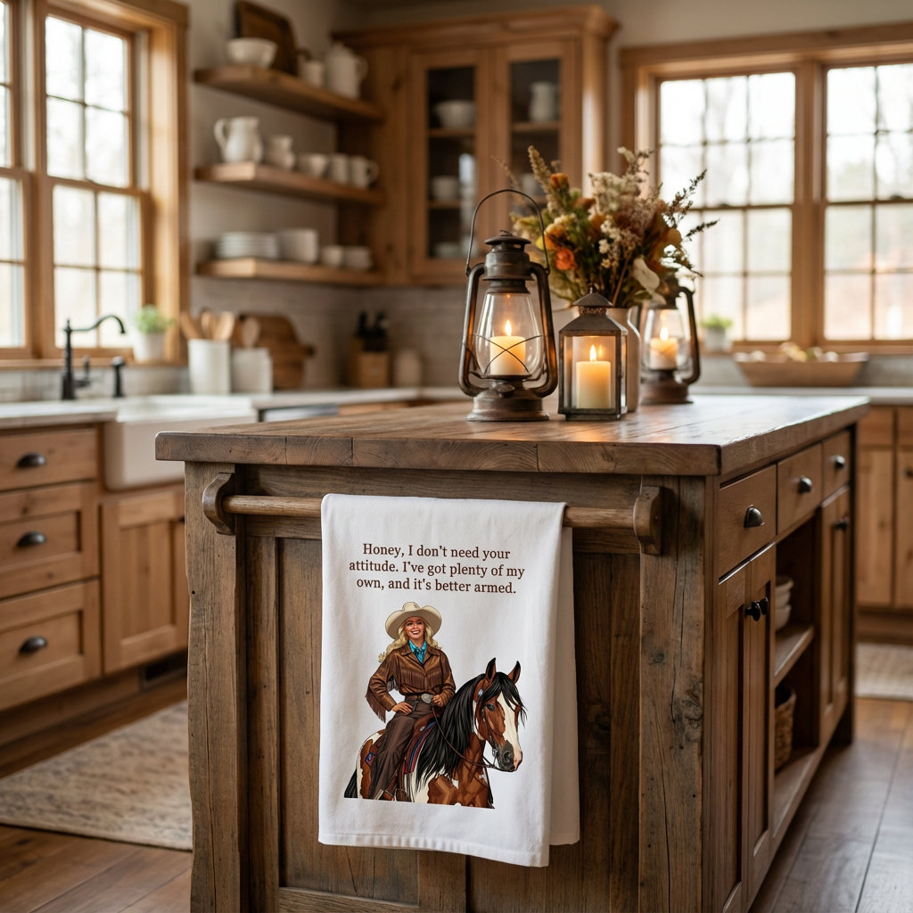 Cowgirl Humor Tea/Bar Towels | "Honey, I don't need your attitude. I've got plenty of my own, and it's better armed." Rustic Kitchen Decor, Gift for Horse Lovers, Unique Cotton Towels, Funny Country Kitchen Decor, Western [...]