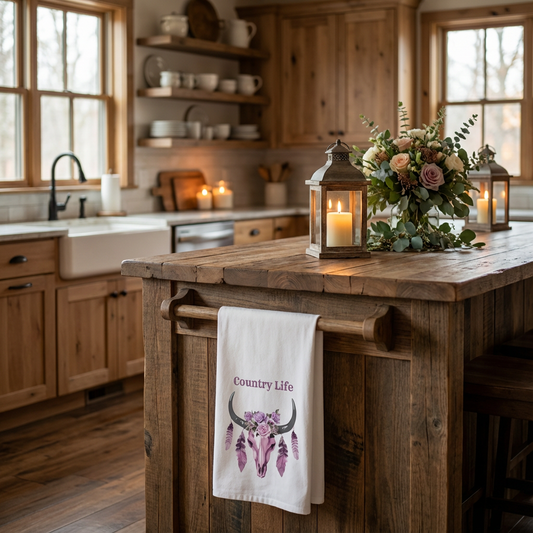 Country Life Tea Towel | Farmhouse Kitchen Decor, Rustic Home Accessory, Gift for Her, Western Style, Floral Design, housewarming