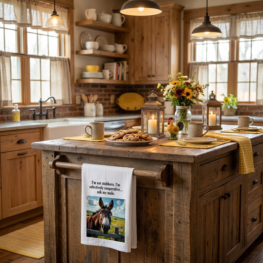 Humorous Mule themed Tea Towel, Funny Kitchen Towels, Gifts for Mule Lovers, Farmhouse Decor, Equine Humor Kitchenware