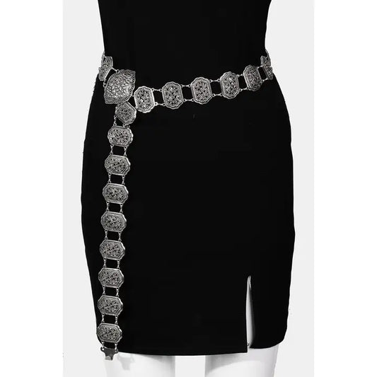 Metallic Rectangular Concho Chain Belt-Silver