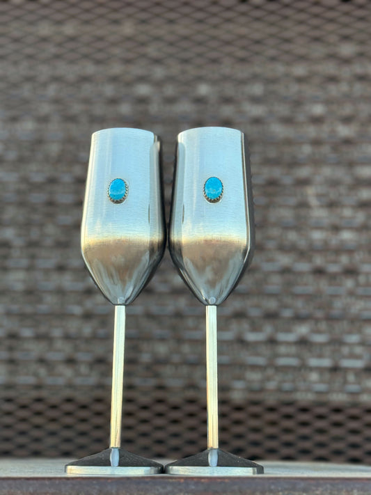 Kingman Turquoise Wedding Flutes - Genuine Turquoise Champagne Glasses (Ready to Ship)