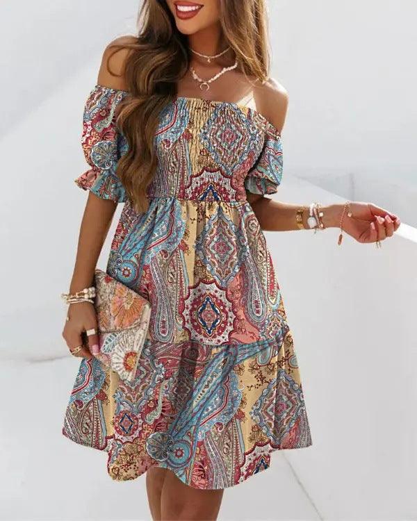 Boho Breeze Off-Shoulder Pleated Dress – Stylish Cowgirl Casual Wear