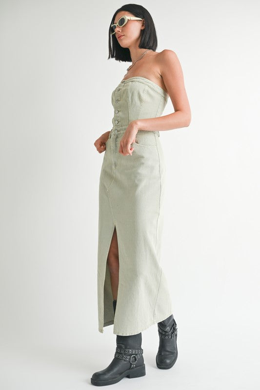 BUTTON UP TUBE DENIM DRESS WITH SLIT