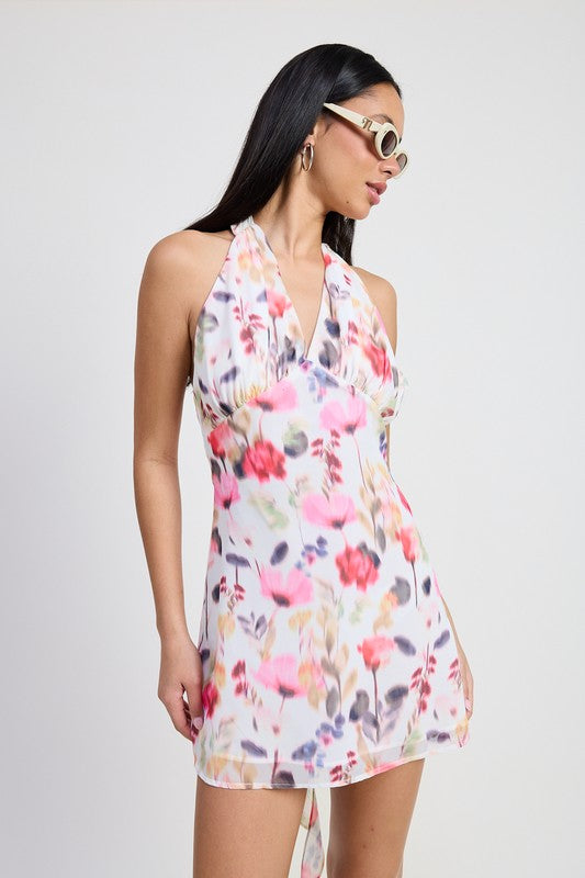 MINI HALTER NECK FLORAL DRESS