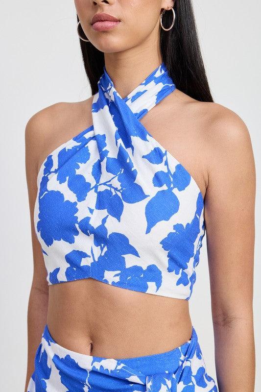Cropped Floral Halter Neck Top In Ultra Lightweight Breathable Rayon Linen Blend