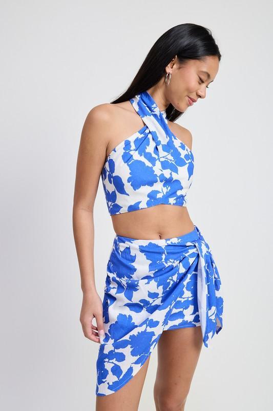 Cropped Floral Halter Neck Top In Ultra Lightweight Breathable Rayon Linen Blend