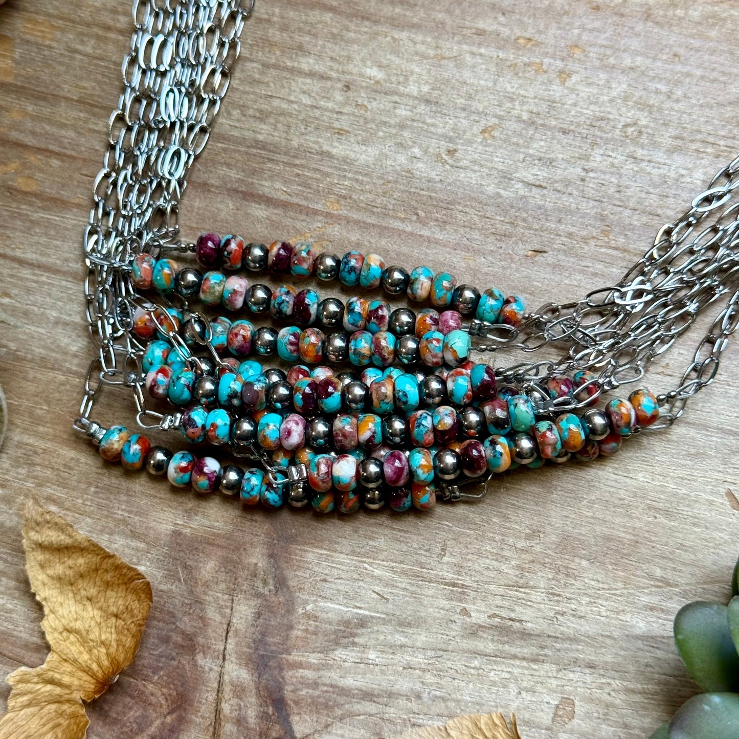 Mojave Turquoise, Spiny Oyster & Sterling Silver Pearl Paperclip Necklace