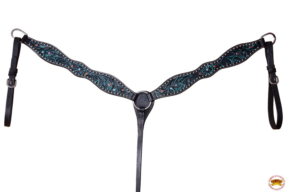 HILASON  Horse Leather Breast Collar Floral Black With Turquoise Inlay