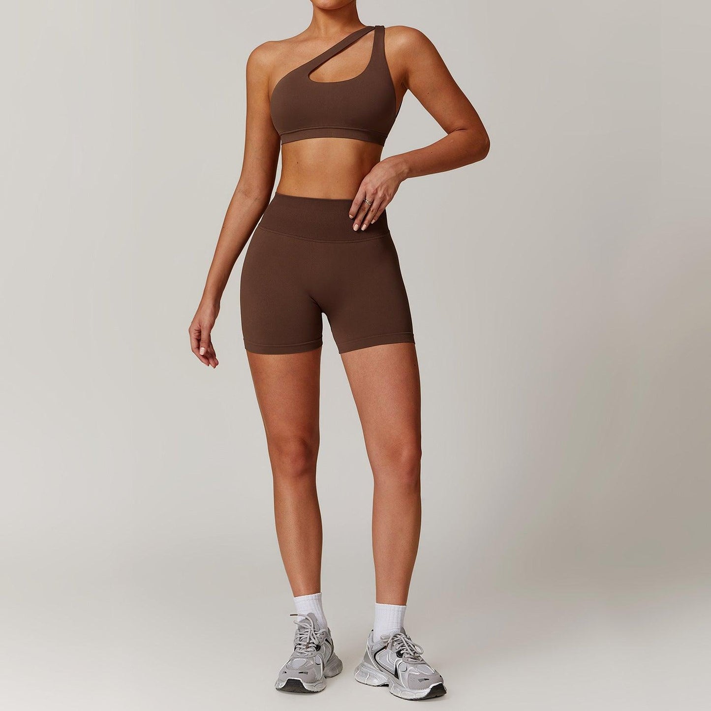 Slant Shoulder Bra + High-Waisted Shorts Yoga Set | Country Girl Fitness Outfit