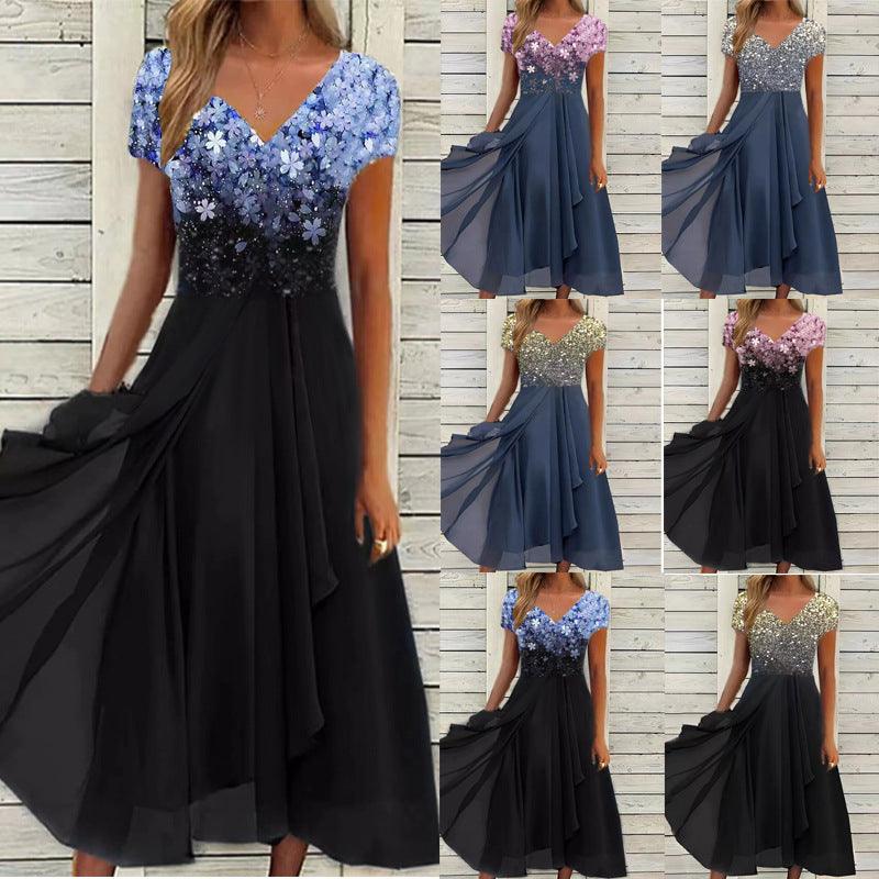 Serene Blooms Chiffon Patchwork Dress | Elegant Floral Dress for Summer