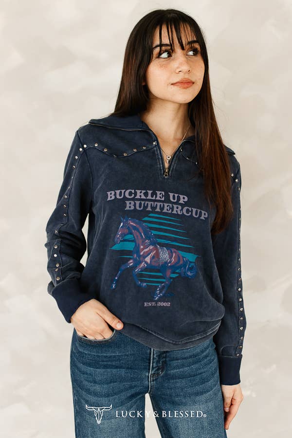 Dark Blue Mineral Wash Vintage Running Horse Sweater XL-3XL
