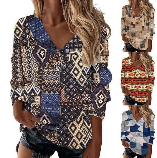 Boho Western V-Neck Long Sleeved Top – Stylish Cowgirl Fashion with Geometric Patterns