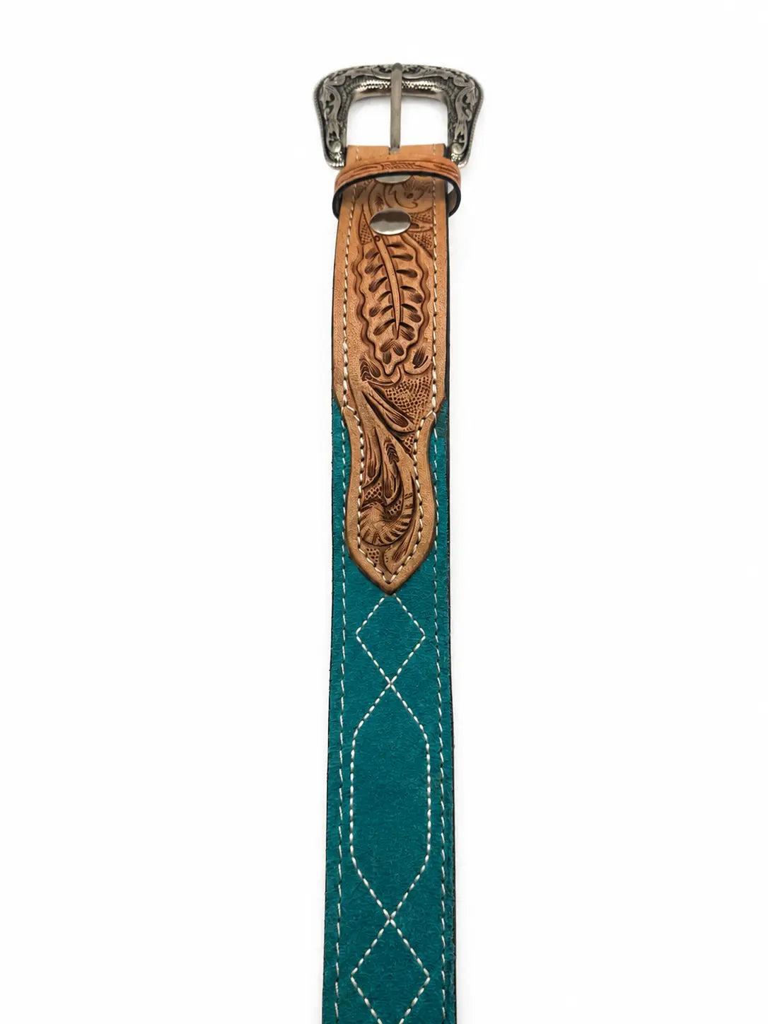 Western Stitch Genuine Suede & Hand Tooled Leather Belt -Turquoise