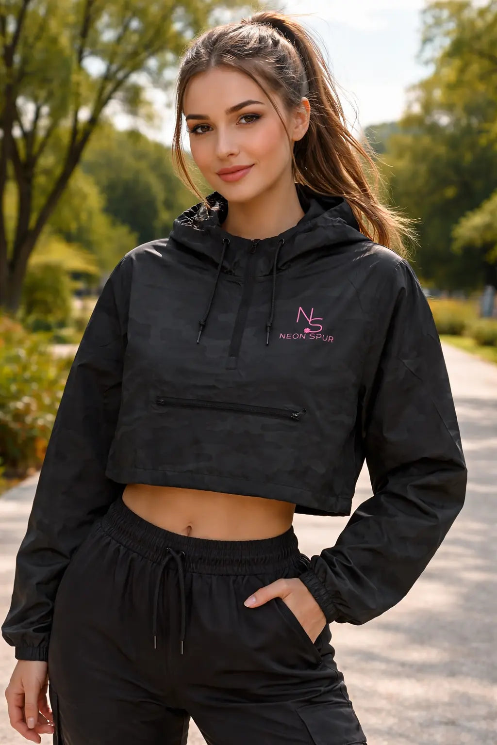 Neon Spur Logo Camo Crop Windbreaker Hoodie