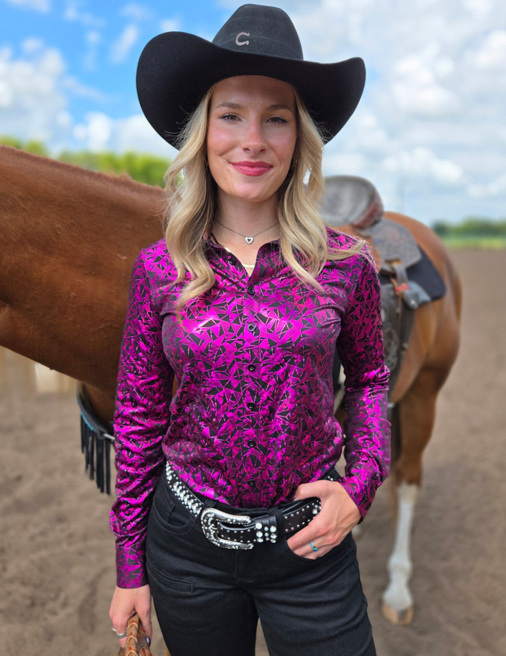 Hot Pink & Black Iridescent Metallic Stretch Midweight Jersey Pullover Button Up