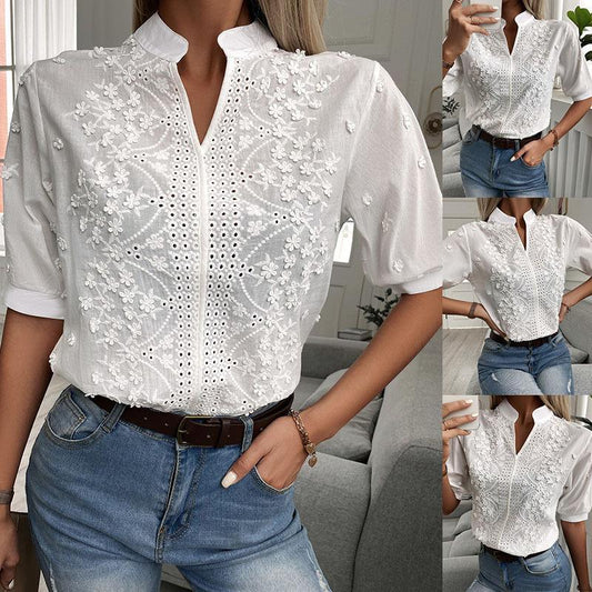 French Lace Embroidered Top - Stylish Stand Up Collar Top for Trendy Women