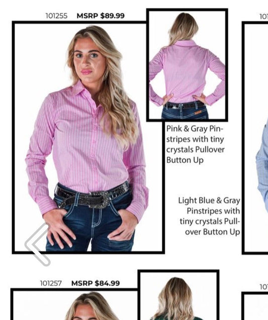 Cowgirl Tuff Pink & Grey pinstripe with tiny crystals pull-over and button up