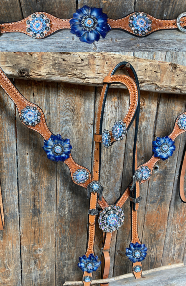 Light Oil Basketweave Blue Wither Strap, One Ear & Breastcollar Tack Set #OEBC438