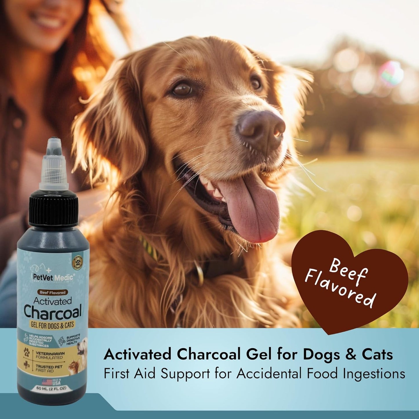 Pet Vet Activated Charcoal Gel for Dogs & Cats (60 mL) – Veterinary-Formulated, Natural Beef Flavor, Fast Toxin Adsorption for Poisoning, Stomach Upset, Diarrhea & Gas Relief – Made in USA