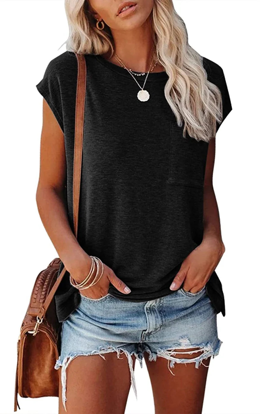 Loose Fit Cap Sleeve Tee - Black