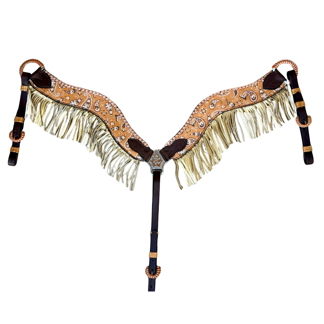 3017-BANDANA ORANGE 2-1/2" Wave breast collar hand bandana tool and silver metallic whip-stitch Fringe