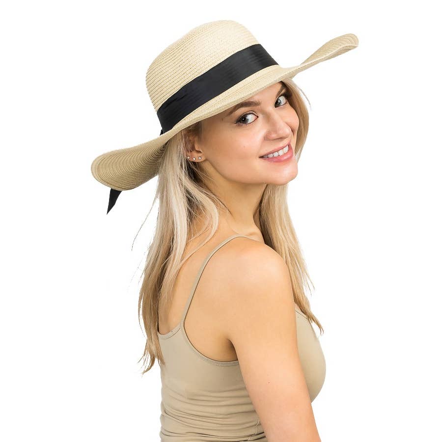 Wide Black Grosgrain Band Decor Floppy Paper Straw Sun Hat-BEIGE