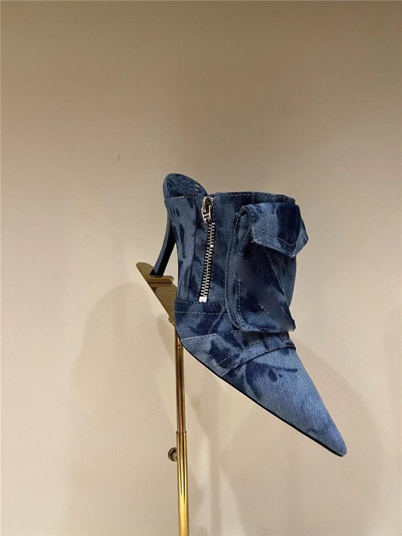 Women Pocket Denim Pointed Toe Heeled Ankle Boots