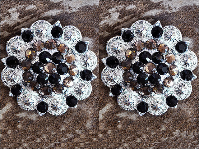 Western Screw Back 2 In Concho Black & Brown Crystal Berry Saddle Bling