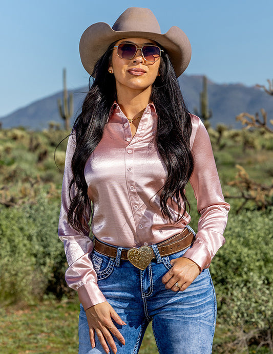 Pink Champagne Satin Pullover Button Up In Low Stretch Medium Weight Cowgirl Tuff