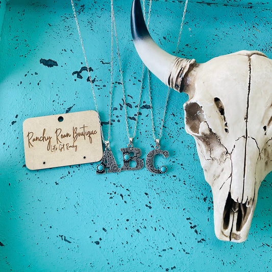Western Initial Stamped Turquoise Pendant Necklace