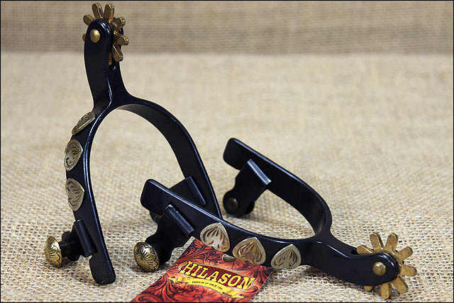 Hilason Black Steel Youth Spurs Engraved German Silver Hearts Solid Brass Rowel