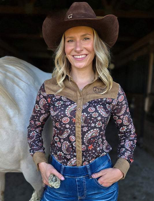Pullover Button Up (Brown Black Paisley With Tan Suede Medium Weight And Medium Stretch)
