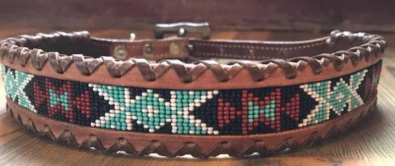 Genuine leather dog collar with teal, white, and black southwest beaded inlay design, a leather wrapped edge