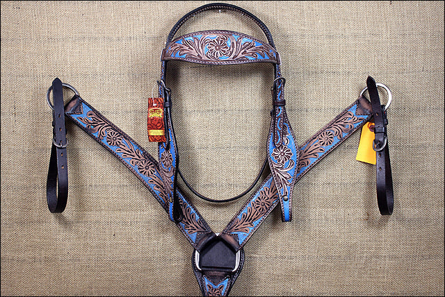Hilason Western Horse Breast Collar Headstall American Leather Brown Turquoise