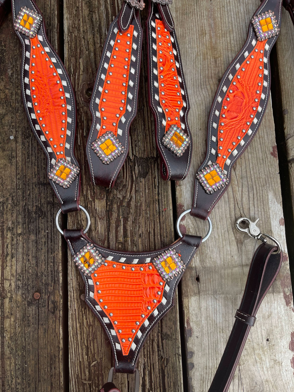 Dark brown tack set with vibrant orange accent | Made to Order (BHT002)