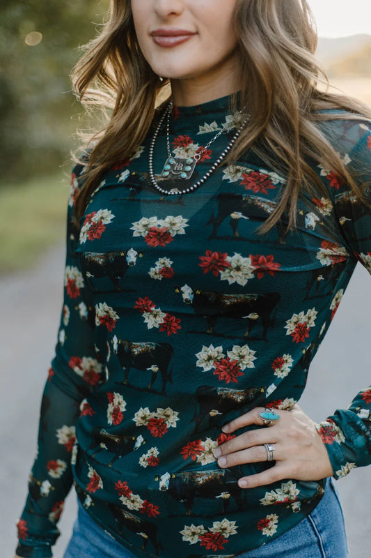 Poinsettia on the prairie Mesh Top