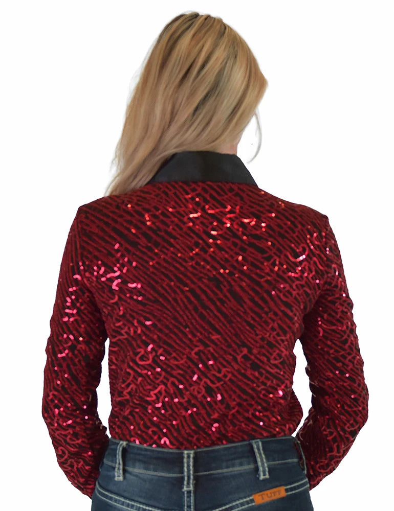 Cowgirl Tuff Company Red Sequin Swirls On Black Jersey Pullover Button Up With Black Satin Collar