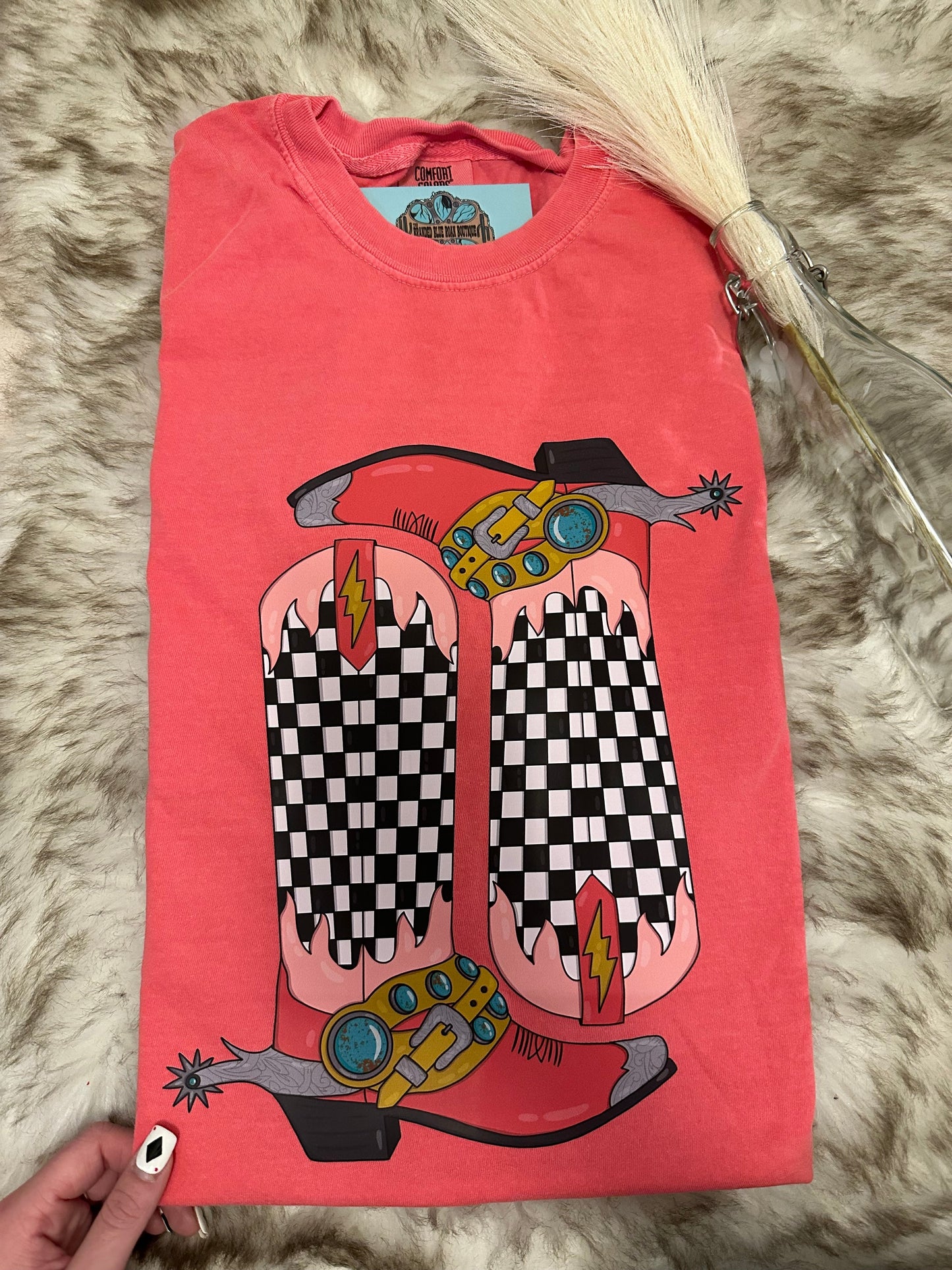 Pink Checkered Boots Tee - Comfort Colors