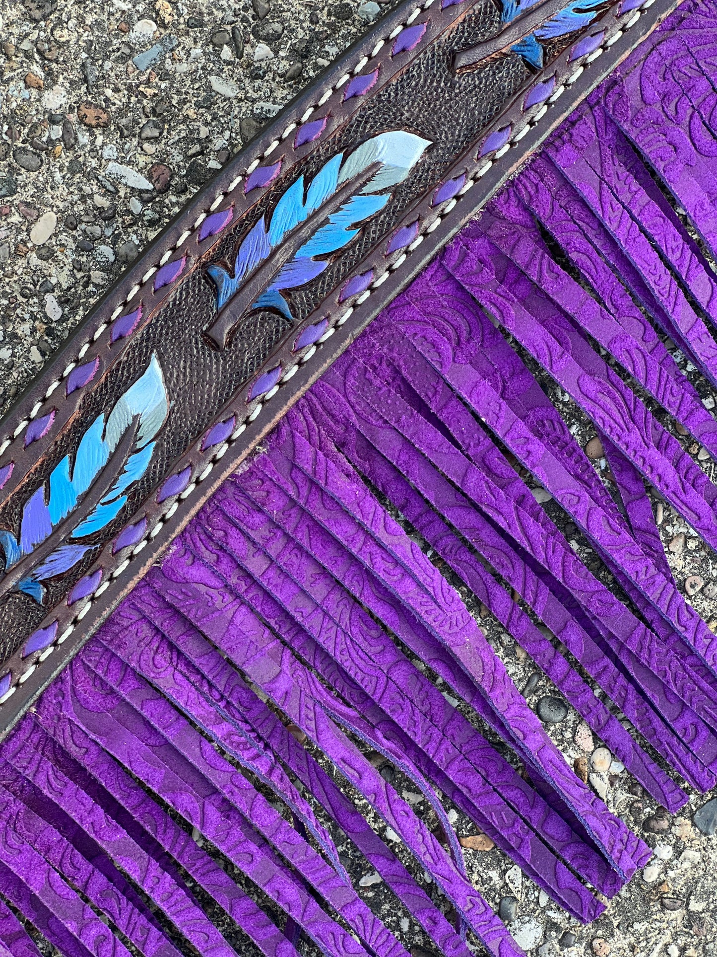 3F23-FEATHER 1-3/4" Contour breast collar chocolate leather multicolored tooled with purple buckstitch & Fringe & Spanish lace hardware