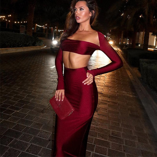 Burgundy Luxe Long Sleeve Skirt & Top Set