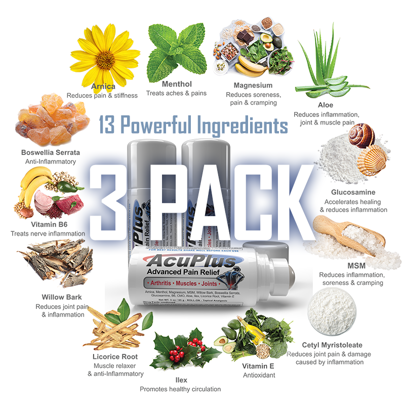 AcuPlus 3 oz Pain Relief Roll-On 3 Pack – Hands-Free Menthol Pain Relief for Muscles and Joints