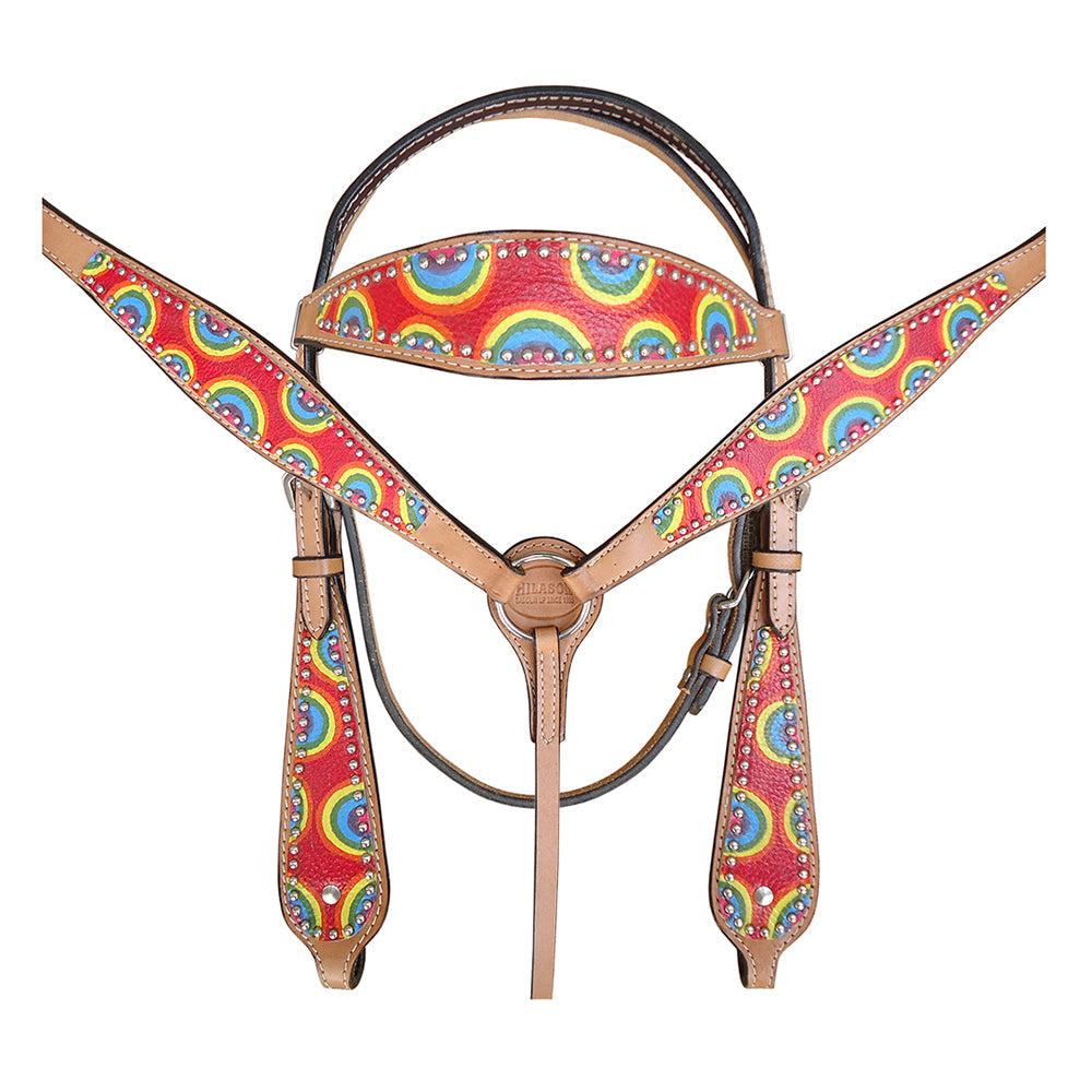 HILASON Western Horse Leather Headstall & Breast Collar Tack Set Rainbow